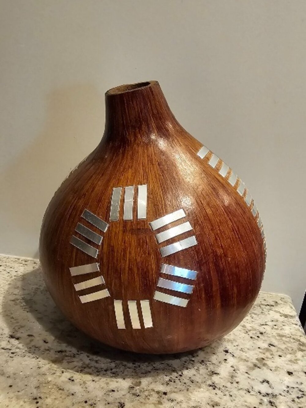 Hand Crafted Wood Gourd Vase with Silver Metal Accents